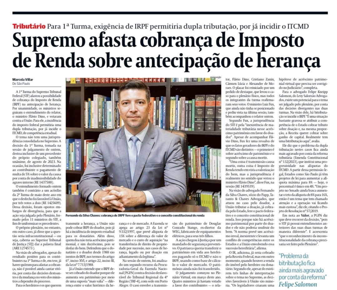 CanindeAlves's tweet photo. STF afasta cobrança de IR sobre antecipação de herança, evitando dupla tributação com ITCMD. Vitória para os contribuintes! #tributação #STF https://t.co/Oh8PcEh6IZ