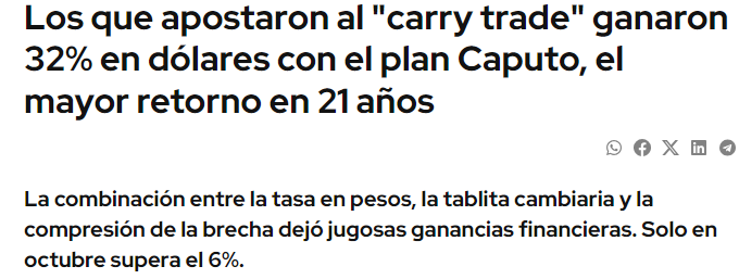 El carry trade ha sido, una vez más, la estrategia estrella local, pero la historia siempre tiene una forma de repetirse. Durante los 90, bajo Menem y Cavallo, la convertibilidad permitió que muchos hicieran grandes ganancias con la bicicleta financiera. Las tasas en pesos eran