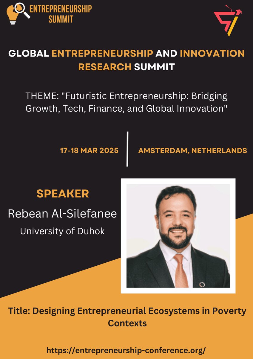 Conference2k25's tweet image. 🌟 Exciting news! 🌟

We’re pleased to welcome Rebean Al-Silefanee from the University of Duhok, Iraq, as a featured speaker at the Entrepreneurship Summit 2025!

🗓️ March 17-18, 2025
📍 Amsterdam, Netherlands
Stay updated: entrepreneurship-conference.org

#Entrepreneurship2025 #Summit