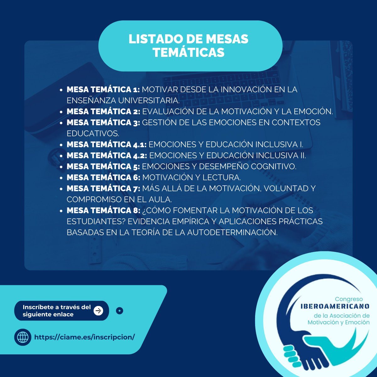 ¡Aún puedes inscribirte como asistente en el CIAME!

El Congreso Iberoamericano de Motivación y Emoción será los próximos 30 y 31 de octubre de forma 100% virtual y asíncrona. ¡Disfruta de ponencias de investigadores de toda Iberoamérica!

🔗 Inscríbete: ciame.es/inscripcion/