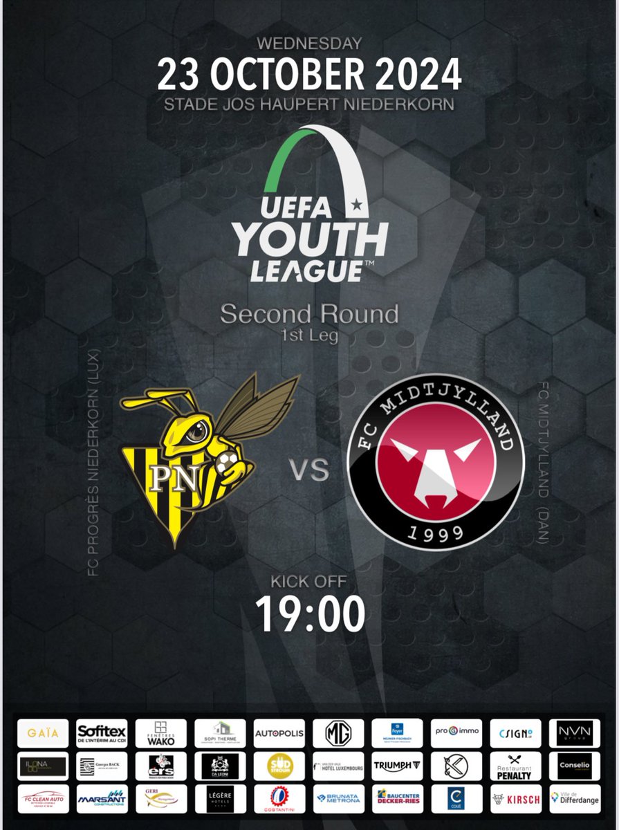 MATCH DAY 🐝💯
@UEFAYouthLeague 

Round n°2 - Leg n°1

FC Progrès Niederkorn🐝🇱🇺
🆚 <a href="/fcmidtjylland/">FC Midtjylland</a> 🇩🇰 

#UEFAYouthLeague #Formation #UYL ⚫️🟡