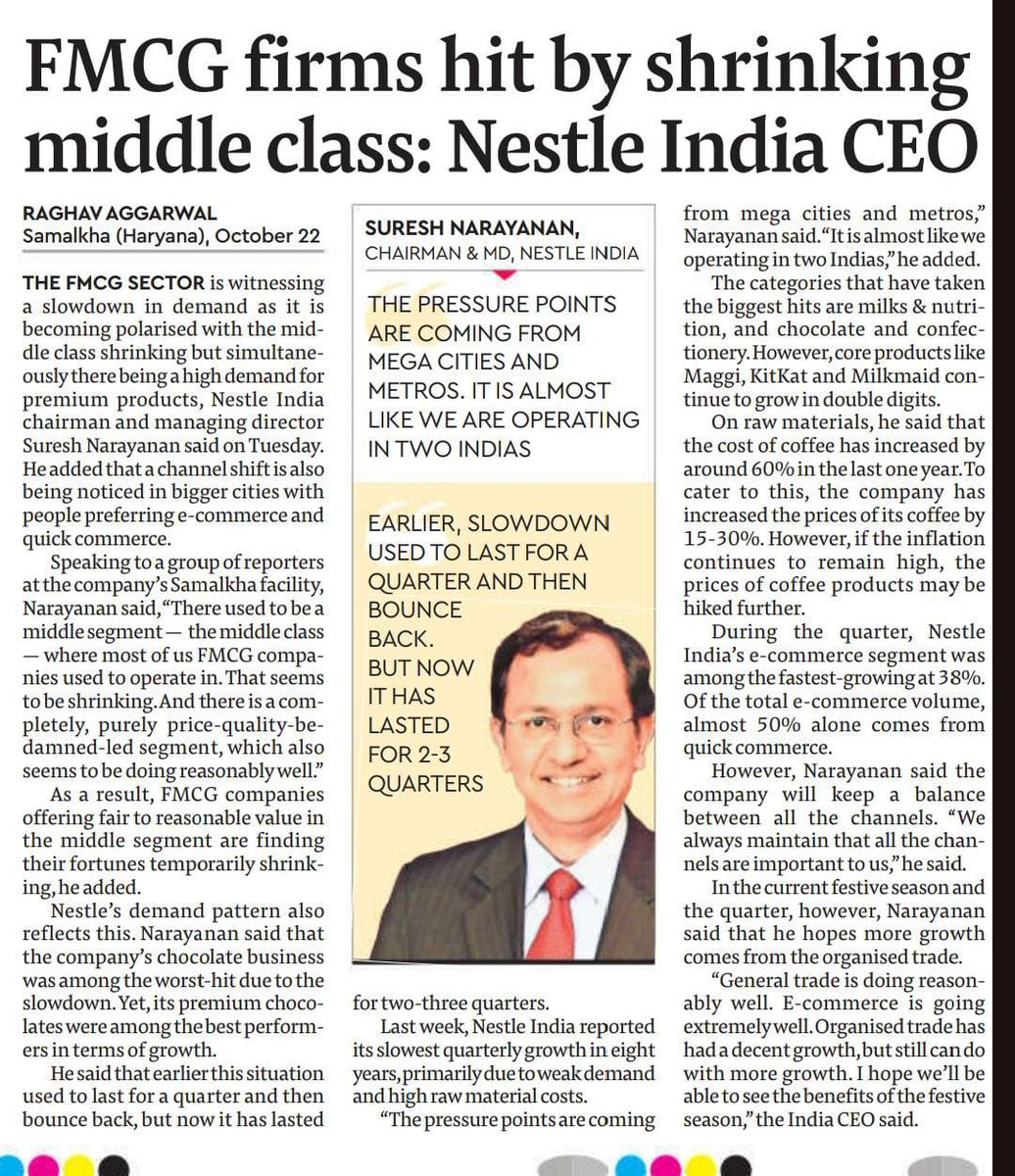 I've been saying for a long time that poor people are increasing and middle class is shrinking. Only premium segment, wealthy people are doing well.

Same opinion is shared by Nestle India whose sales volumes are dipping.