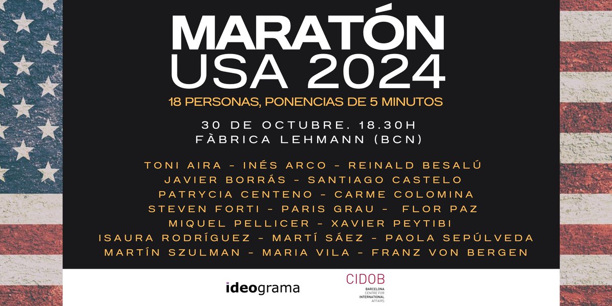 ‼️ Queda una semana para la Maratón de Comunicación Política USA 2024🇺🇸 que este año organizamos con <a href="/CidobBarcelona/">CIDOB (Barcelona Centre for International Affairs)</a>.

👉 Será el miércoles 30 de octubre, a las 18:30h, y
contaremos con 18 participantes y microponencias de máximo 5 minutos ⏱️ ¡No te lo pierdas!