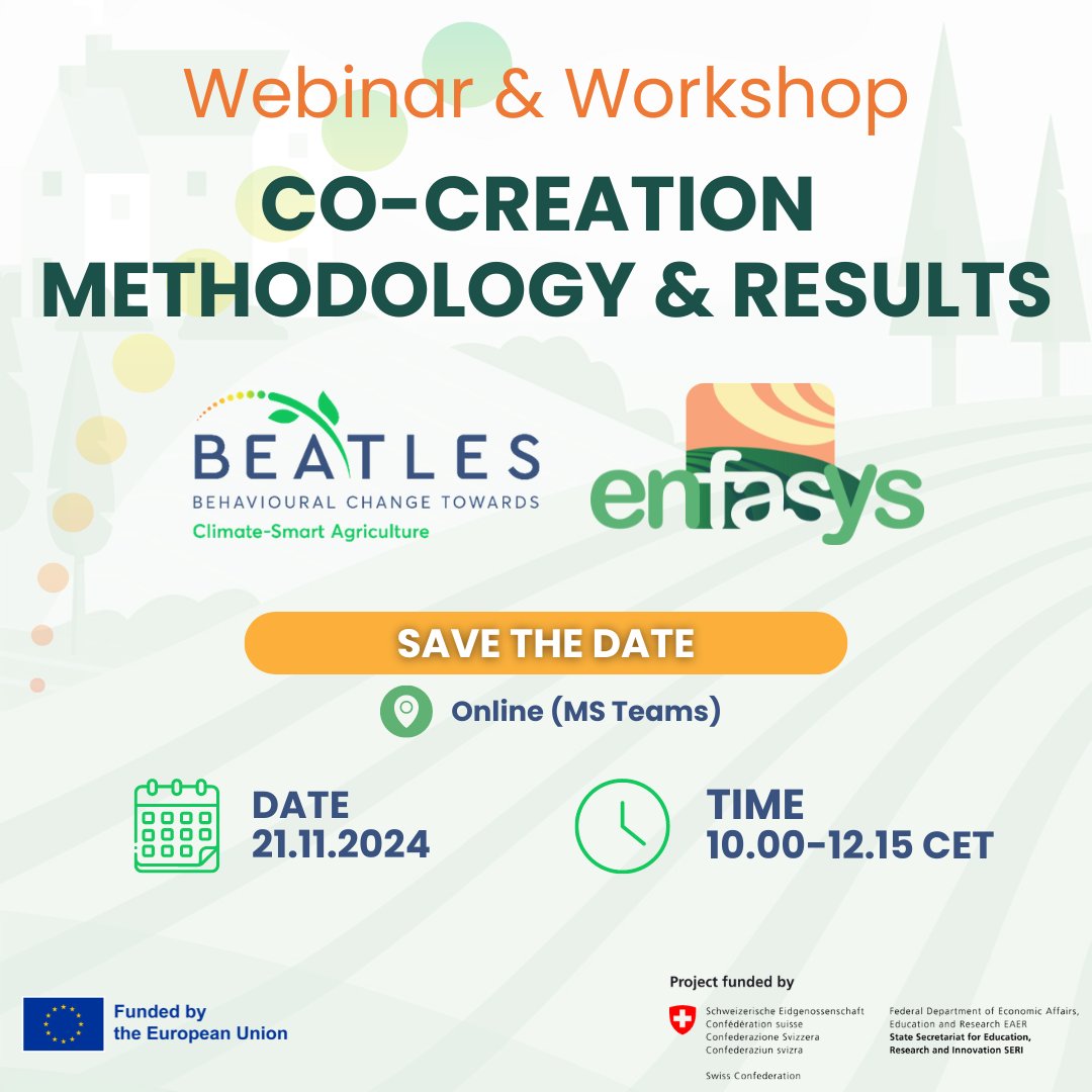 🌍Nov 21 for the <a href="/BEATLES_EU/">BEATLES project EU</a>  &amp; <a href="/ENFASYS1/">ENFASYS</a>  webinar on sustainable agriculture followed by an interactive workshop 🌾

🗓️ Nov 21, 2024 | 10:00-12:15 CET 
💻 Online via MS Teams 
🔗 Agenda: shorturl.at/U3nPg
👉 Register: shorturl.at/bF2bu

See you!