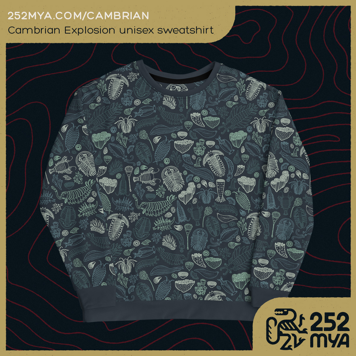 During the Cambrian, life exploded into all sorts of new and weird forms.This all-over-print sweatshirt features more than 20 of your favorite Cambrian creatures in a shale-inspired pattern.

252mya.com/cambrian

Art by soft biology by Caroline Fleet

#fossils #paleontology