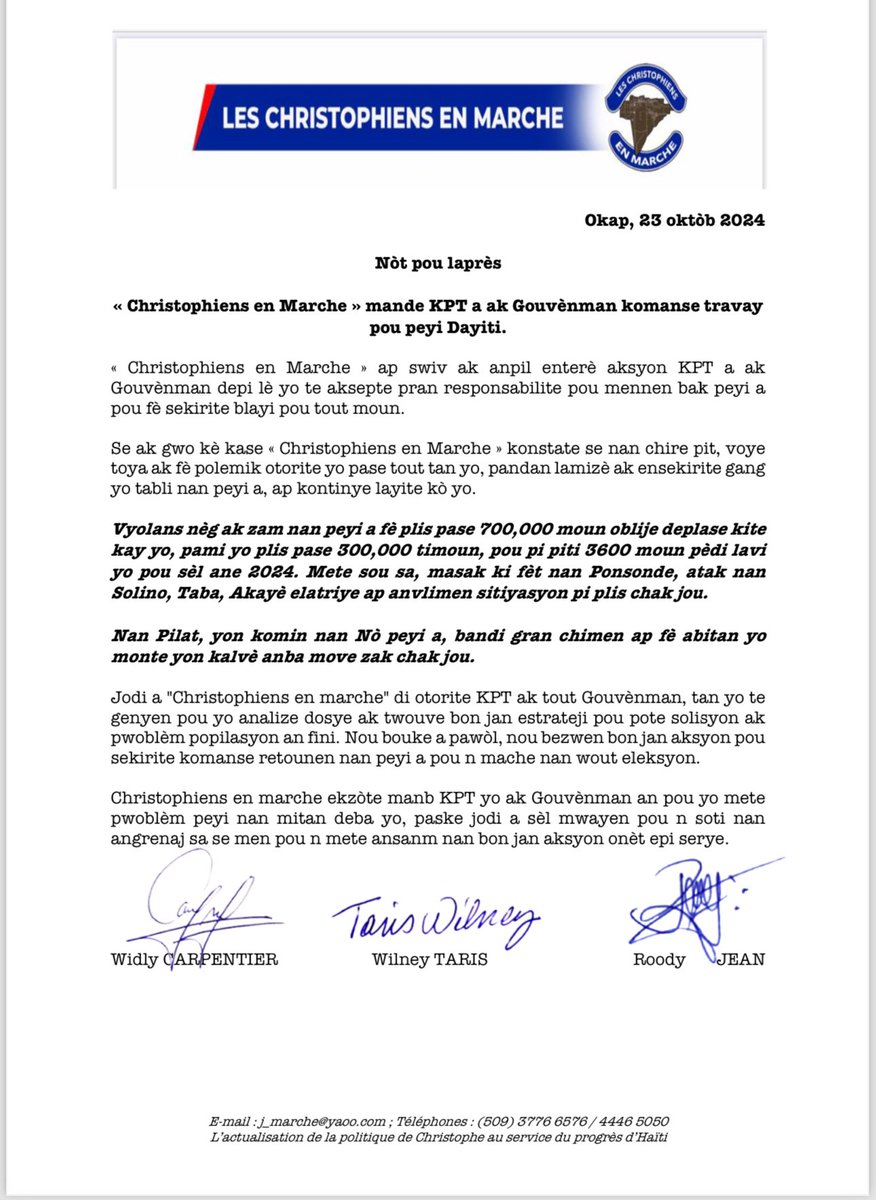 <a href="/Christophiens10/">Christophiens En Marche</a> mande KPT a ak Gouvènman komanse travay pou Ayiti.Moman kalewès ak chirepit la fini.
<a href="/josephlunieOFF/">LUNIE JOSEPH 🇭🇹</a> <a href="/Radio_Metronome/">Radio Télé Métronome</a> <a href="/GazetteHaiti/">Gazette Haiti</a> <a href="/vantbefinfo/">Vant Bèf Info</a> <a href="/rtvgalaxie/">Radio Télé Galaxie</a> <a href="/Radio_Metronome/">Radio Télé Métronome</a>