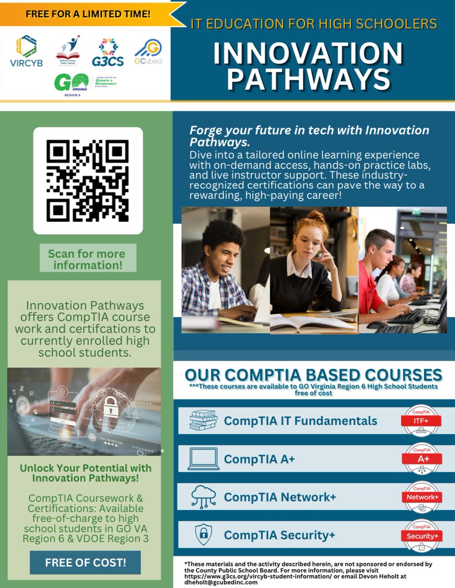bayvacareers's tweet photo. Free for a limited time: IT COMPTIA Certifications for high school students. Register for the Innovative Pathways program using the QR Code. #jobs #hiring #virginiaworks https://t.co/lwUwpXWanw