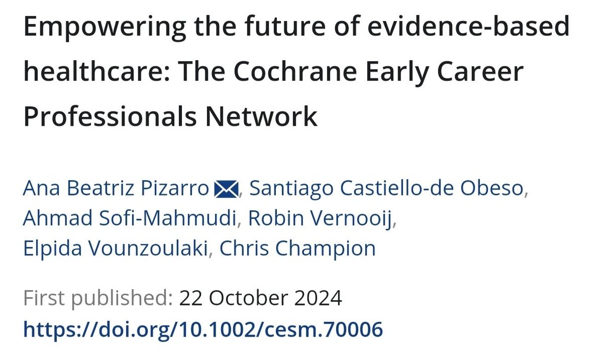 Dr Elpida Vounzoulaki (@elpida_vnz) on Twitter photo 📢 New commentary: Honoured to be chairing this fantastic group <a href="/CochraneECP/">Cochrane Early Career Professionals network</a> ! In this commentary we discuss our aims, mission, and accomplishments!
Full text ➡️ onlinelibrary.wiley.com/doi/10.1002/ce…
⭐ Dream team: <a href="/anabeatrizpizar/">ana beatriz pizarro</a> <a href="/santiagocdeo/">Santiago Castiello</a> @robinvernooij <a href="/ASofiMahmudi/">Ahmad Sofi-Mahmudi</a> 📢 New commentary: Honoured to be chairing this fantastic group <a href="/CochraneECP/">Cochrane Early Career Professionals network</a> ! In this commentary we discuss our aims, mission, and accomplishments!
Full text ➡️ onlinelibrary.wiley.com/doi/10.1002/ce…
⭐ Dream team: <a href="/anabeatrizpizar/">ana beatriz pizarro</a> <a href="/santiagocdeo/">Santiago Castiello</a> @robinvernooij <a href="/ASofiMahmudi/">Ahmad Sofi-Mahmudi</a>