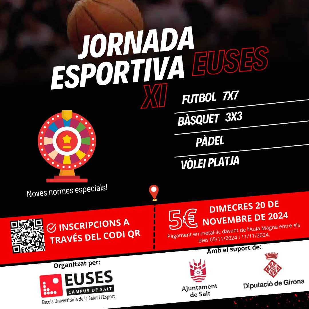 🏅 Inscripcions obertes per a la Jornada Esportiva EUSES! 💥 Forma equip i participa en tornejos de bàsquet 3x3, pàdel, vòlei platja o futbol 7. 🫡 Inscripcions fins a l'11/11 aquí: forms.gle/WENsigz1YCnz5V…