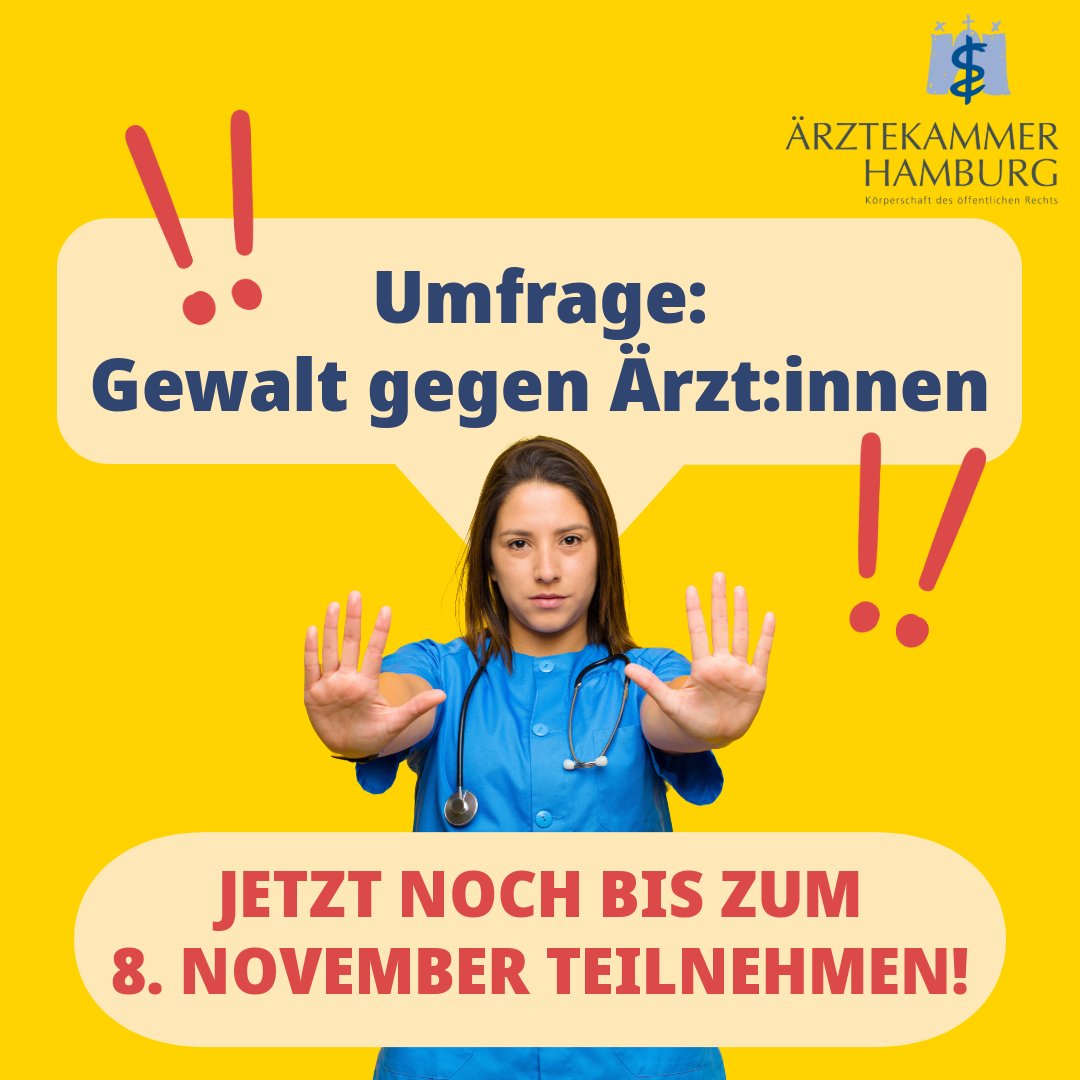 👩‍⚕️👨🏽‍⚕️ Du bist  Mitglied der Ärztekammer Hamburg? – Dann nimm jetzt noch bis zum 8. November an der Umfrage teil! 🕐 Wir freuen uns, wenn du dir zwei bis drei Minuten Zeit nimmst.
 
➡️ Hier gehts zur Umfrage im Mitgliederportal: lnkd.in/eGci_rhz 

#Gewalt #Ärzte #Prävention