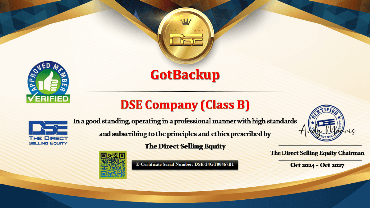 DSellingequity's tweet photo. GotBackup @GotBackup_US is Listed now on the DirectSellingEquity Directory at  https://t.co/QGKX6aAWfn …Certificate valid for 3 Years 👍Congratulations
.
.
.

 #GotBackup #got_backup #Affiliate #affiliatemarketing #Stability #Usability #workfromhome
@GOT_Backup @247Service4U https://t.co/O93X2KEieh