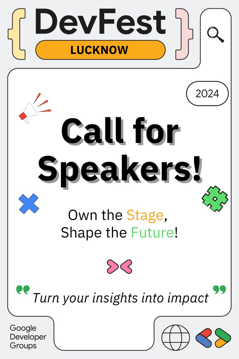 gdglko's tweet photo. 🎤 Ready to inspire? Take the stage at #DevFestLucknow 2024! 🌟 Share your passion for tech—AI, Cloud, Web, and more—and fuel the future of innovation. Apply now to be a speaker: https://t.co/EWiySYKX9i 🚀 #CallForSpeakers #GDGLucknow #TechCommunity https://t.co/Z1CWjQ7gbZ