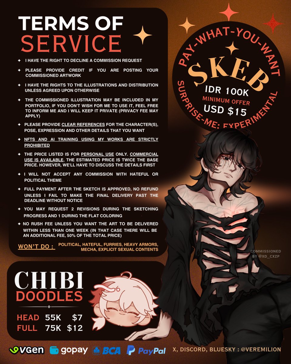 [ RTs &amp; likes are appreciated! ]

hi, my comms are open for 🇮🇩 and intl again! 

✧ fully rendered illustrations
✧ pay-what-you-want, surprise-me skeb
✧ skrunkly chibi doodles
✧ special offers for couple comms!

 ✦ vgen : vgen.co/veremilion ✦

( samples in the thread! )