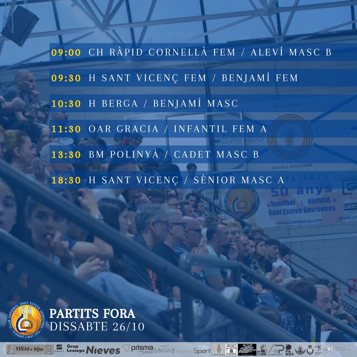 chses1973's tweet photo. AGENDA DE PARTITS 💙🤍
Partits del cap de setmana del 26/27 d'octubre
#santestevesesrovires #chses #femclub #orgullCHSES #handbol #sanesarena https://t.co/eDfmrna68X