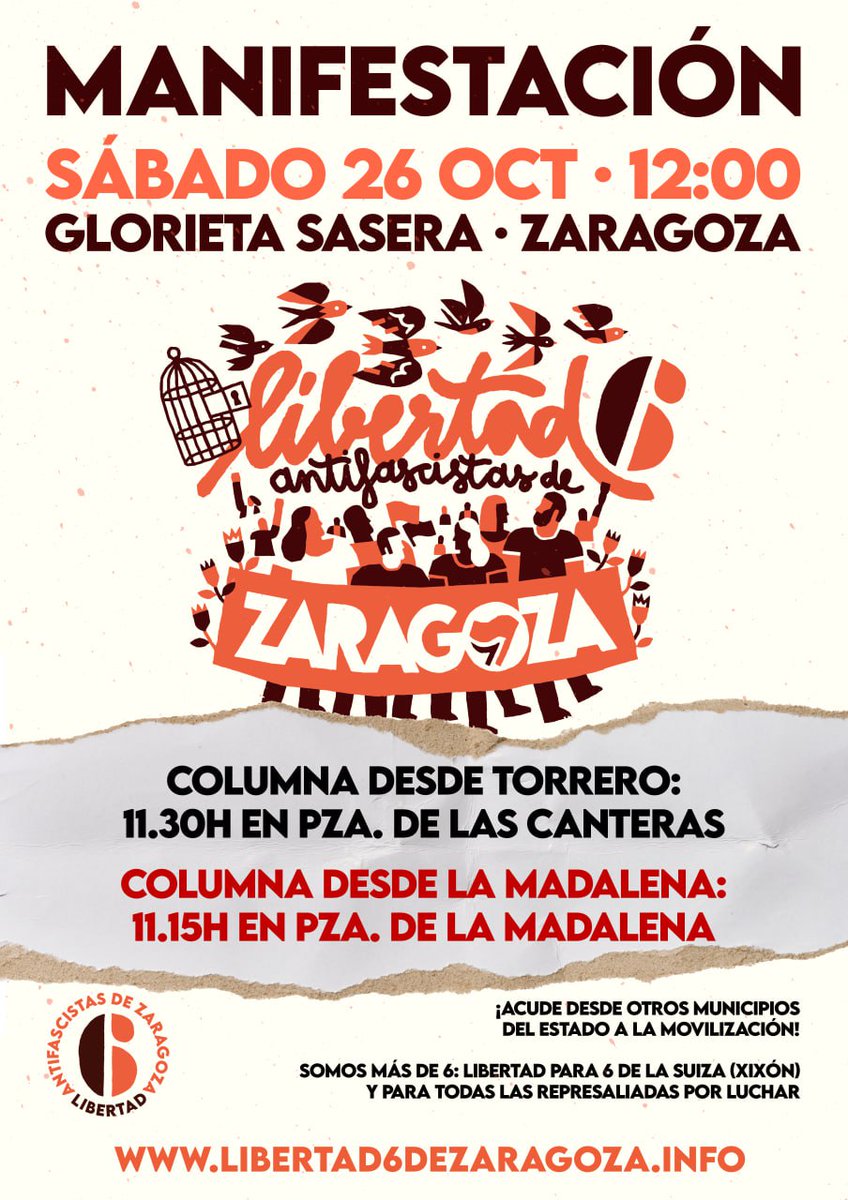 Si quieres acudir al inicio de la manifestación de este sábado en Zaragoza junto con otras personas, saldrán dos columnas desde los barrios de Torrero y la Madalena:
- Columna desde Torrero: 11.30h en Pza. de las Canteras
- Columna desde La Madalena: 11.15h en Pza. de La Madalena