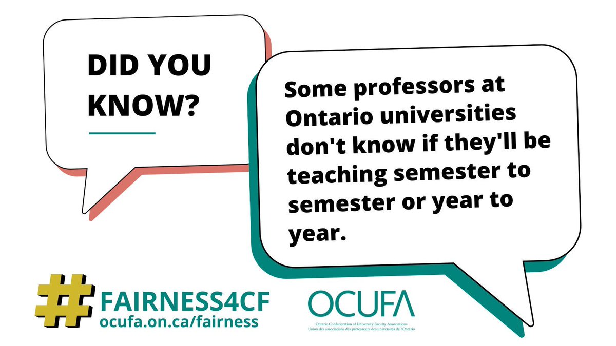 OCUFA's tweet image. 📢 Did you know many professors at Ontario universities face uncertainty about their teaching schedules? Let’s advocate for stability and support #fairness4cf by signing our petition: buff.ly/3YJe9Xb💪📚 #ONpse