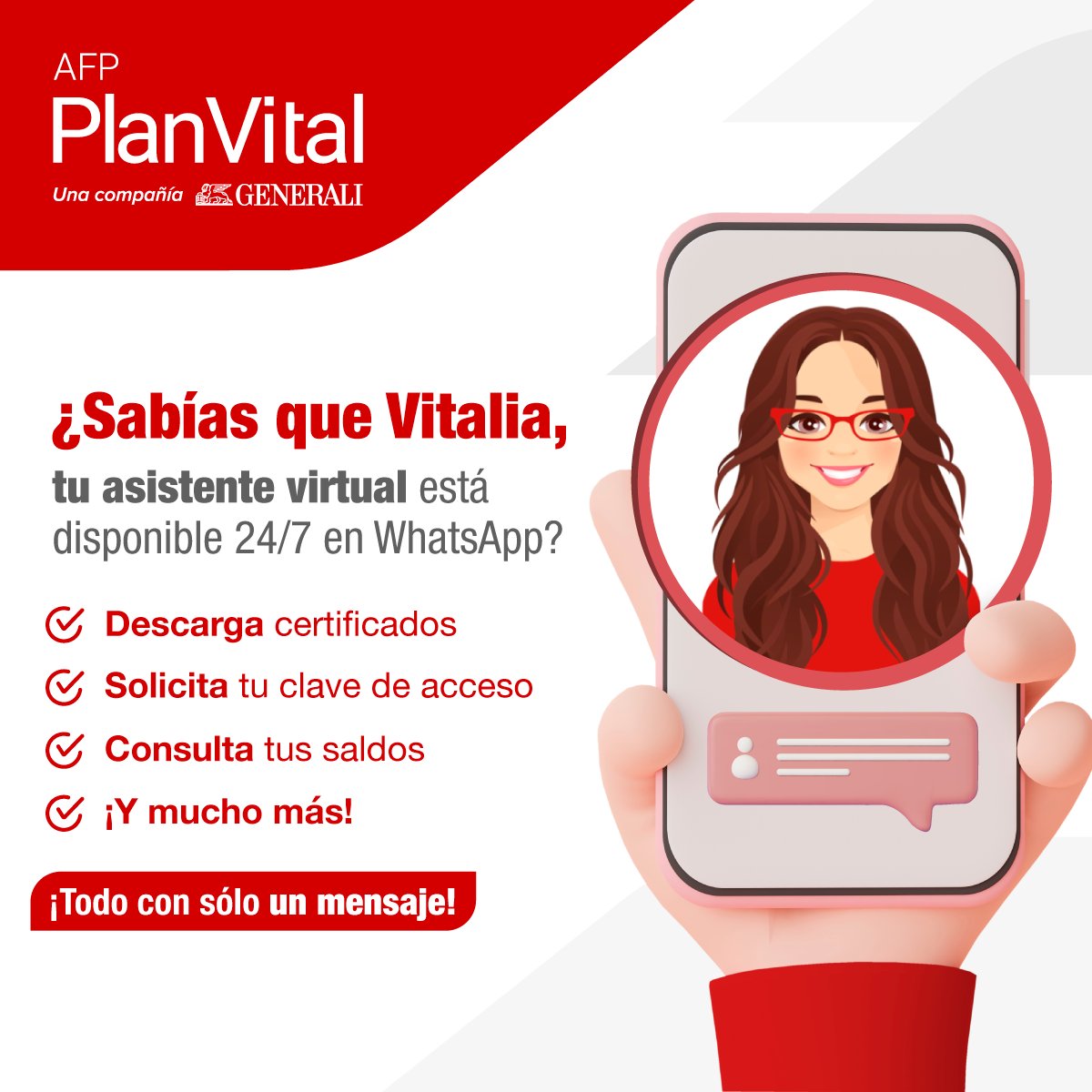 planvitalafp's tweet image. ¿Sabías que también puedes recibir tus certificados escribiendo a nuestro WhatsApp +562 226 452 00 📱? ¡Escríbele a Vitalia, tu asesora previsional 24/7 disponible para ti! 

#AFPPlanVital #Certificados #WhatsApp #Vitalia