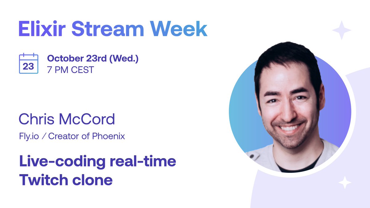 You can build a Twitch clone in one sitting.

Don't believe us? Join <a href="/chris_mccord/">Chris McCord</a>, <a href="/elixirphoenix/">Phoenix Framework</a> creator, on today's broadcast and see him do it live, using LiveView, Elixir WebRTC &amp; <a href="/flydotio/">Fly.io</a> 🚀

🔗: elixir-webrtc.org/esw.html

Elixir Stream Week – 5 days, 5 streams, 5 Elixir