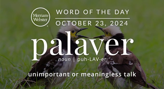 Merriam-Webster Word of the Day October 23, 2024 'palaver' noun | puh-LAV-er  "unimportant or meaningless talk" Background Image: Two birds chirping at each other 