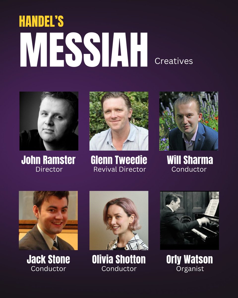 🎭 Meet the Creative Team 🎭

Shining a spotlight on the talents behind the Messiah tour! 🙌

Will Sharma, <a href="/ShottonLiv/">Olivia Shotton</a> , Jack Stone – Conductor
<a href="/RamsterJohn/">John Ramster</a> – Director
Glenn Tweedie – Revival Director
Orly Watson – Organist

<a href="/MerryOpera/">The Merry Opera Company</a> 

ulstertouringopera.com/shows/messiah/