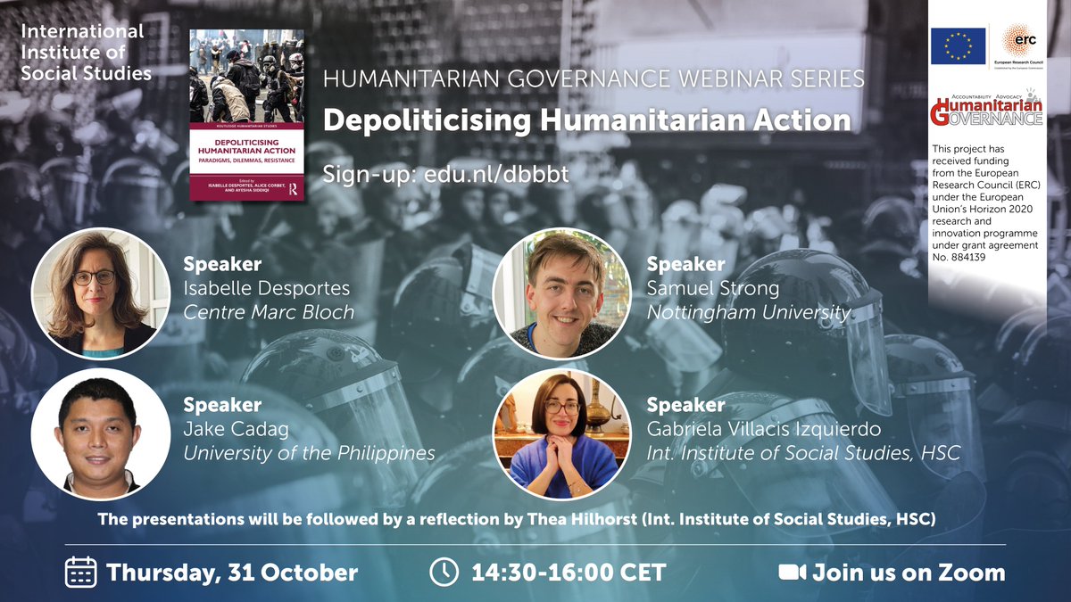 💡 Join the upcoming #HumanitarianGovernance webinar on the book ‘Depoliticising #HumanitarianAction’.

It's important that we reflect on the intended and less-intended consequences of pretending that humanitarian action is not political.

🔗 Register: edu.nl/dbbbt