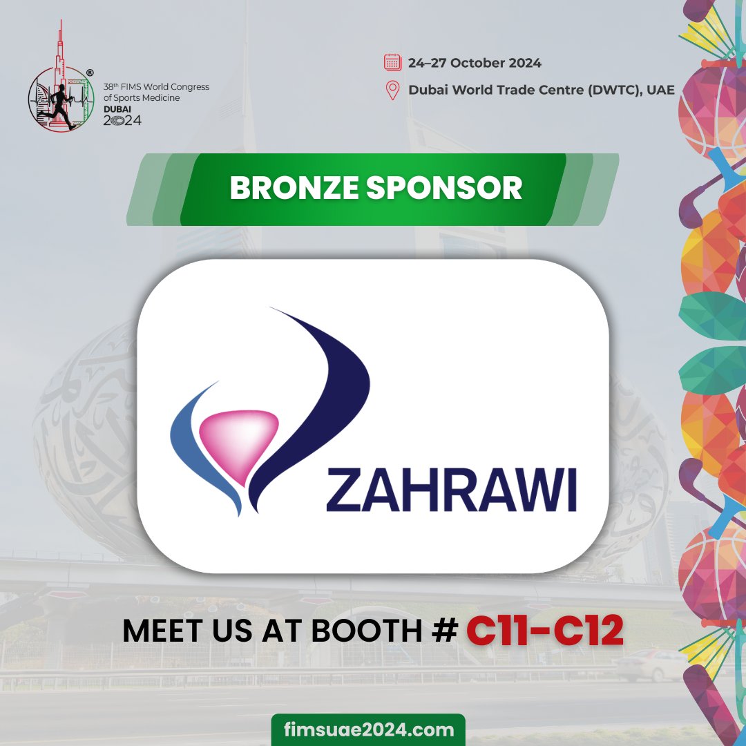Excited to welcome Zahrawi Group as a Bronze Sponsor of #FIMSDubai2024! Visit Booth # C11-C12 to explore advanced solutions for enhancing sports medicine and patient care. 

Last day to register: fimsuae2024.com/registration/

#SportsMedicine #InjuryMedicine #DWTC #HealthcareEvents
