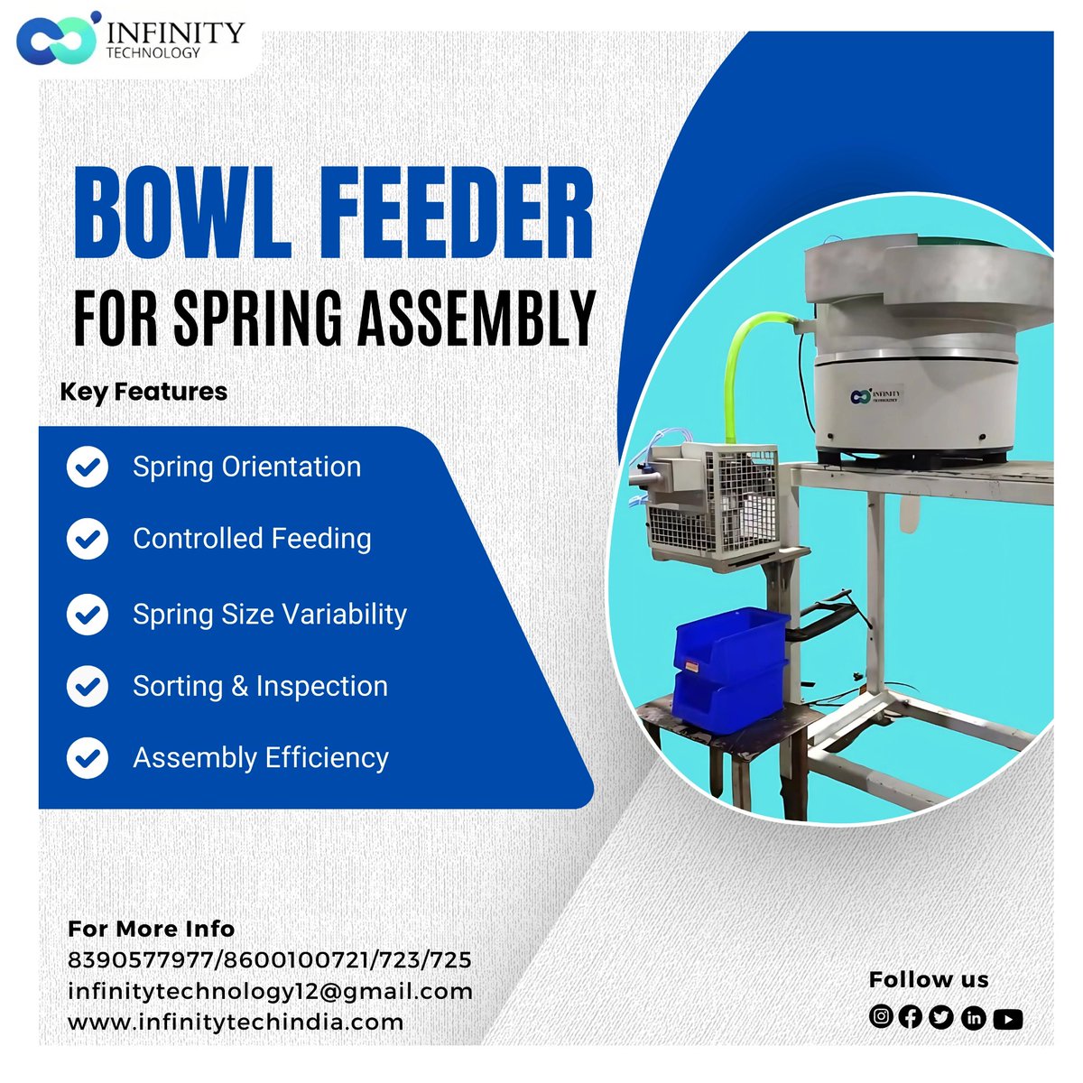 anandswami79913's tweet image. Infinity Technology presents our innovative bowl feeder designed for efficient spring assembly. Equipped with an air chute for smooth feeding and a singling mechanism to ensure accurate component delivery, this feeder is a game-changer in the industry.#bowlfeeder #springassembly