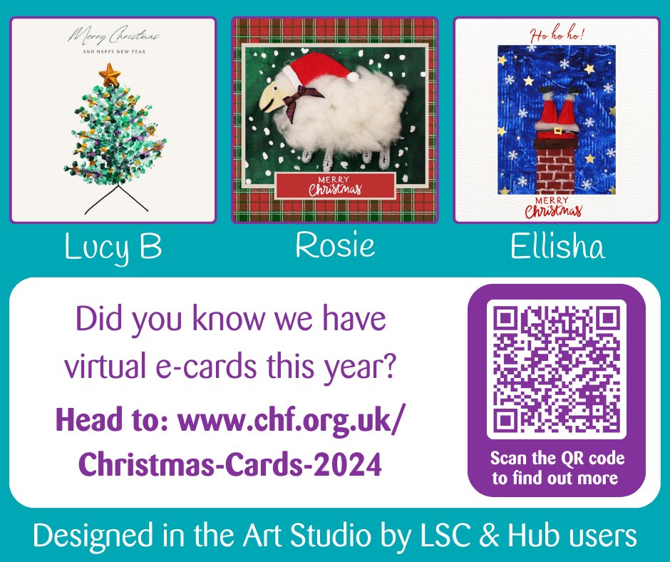 We have our BRAND NEW e-card designs! Each one has been hand-made by the LSC &amp; Hub users at Chailey Heritage Foundation 💜

Head to: chf.org.uk/Christmas-Card… for more information 💜

#ChaileyHeritageFdn #ECards #Designs #LSC #Hub