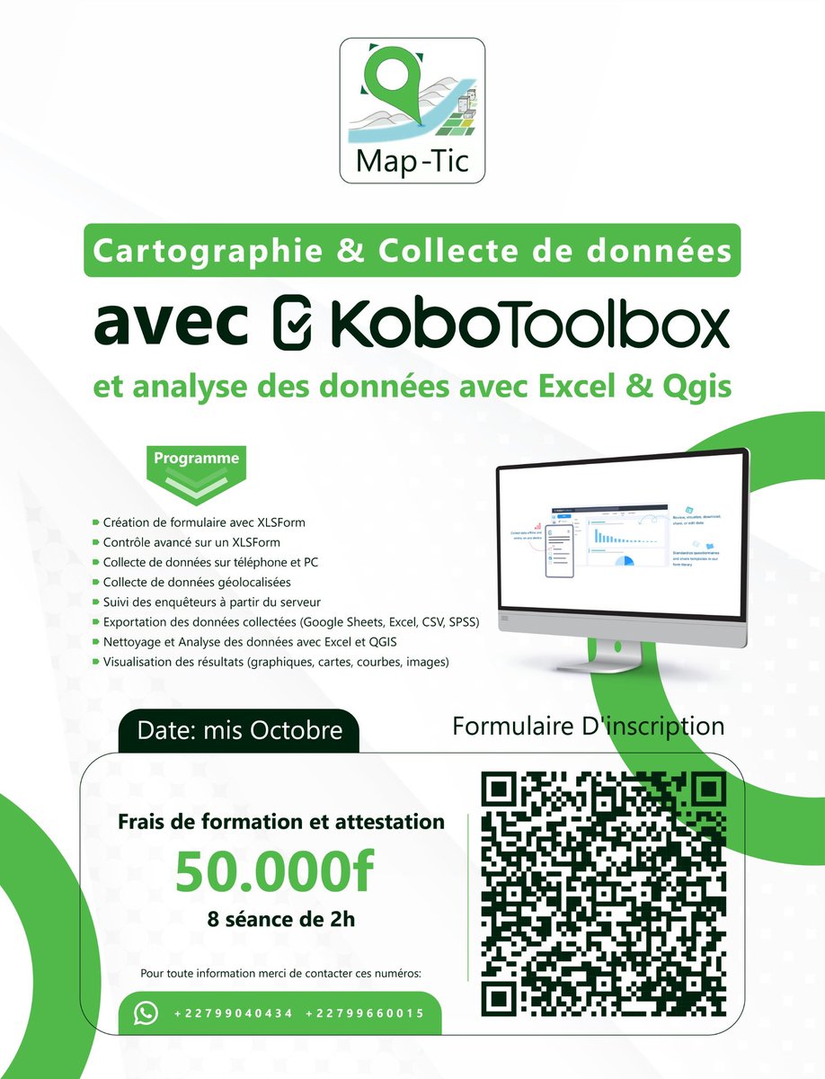 La deuxieme vague de la formation en #cartographie et #kobotoolbox demarre ce weekend reservez votre place car les places sont limités. Inscris-vous a la formation en contactant les numeros sur l affiche.