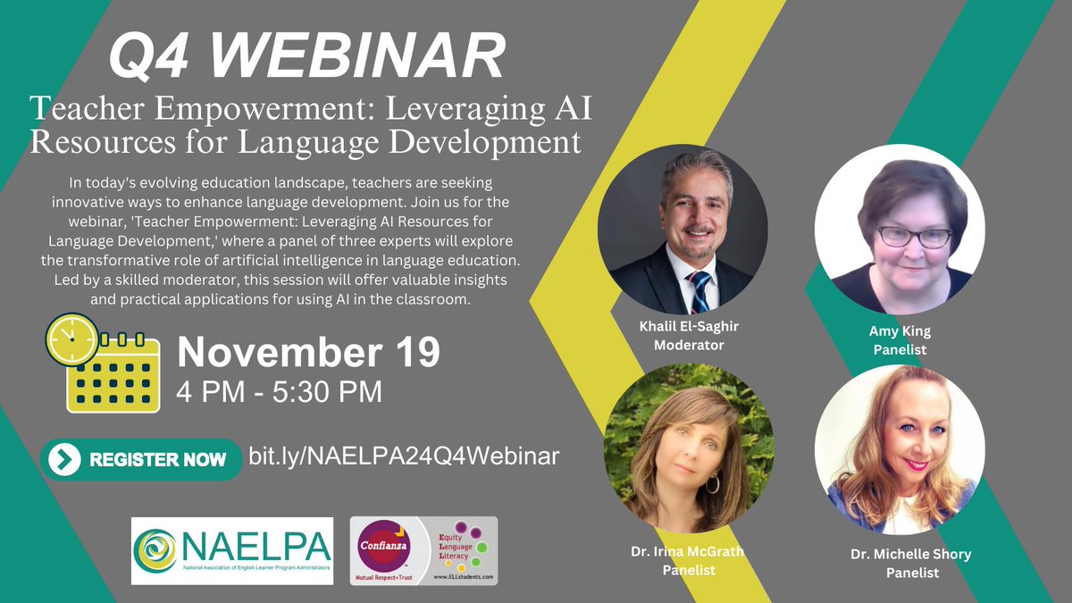 NAELPA in partnership with <a href="/ELL_confianza/">Confianza: Equity, Language & Literacy</a> is proud to present this exciting panel on using AI as a teacher resource! Please join us for this free learning opportunity! Register TODAY bit.ly/NAELPA24Q4Webi…