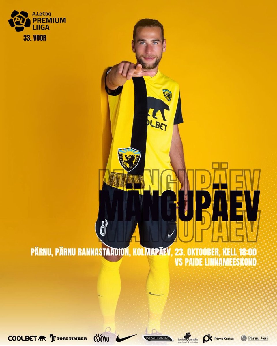 HOME GAMEDAY!🐻⚽️

Today at 18:00, the ball will be pushed to roll at the Rannastaadion and we need your help to get the necessary points at the Bear Cave! 
Come to support your home team and let's do it together for Pärnu!

#pärnupärast💛💪