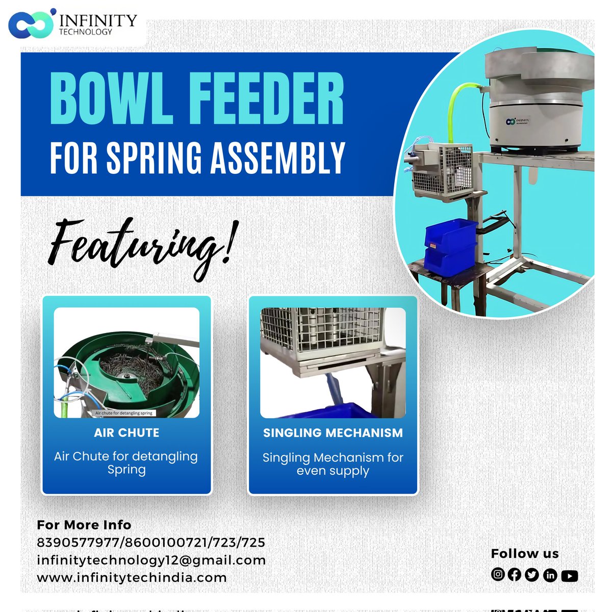 anandswami79913's tweet image. Infinity Technology presents our innovative bowl feeder designed for efficient spring assembly. Equipped with an air chute for smooth feeding and a singling mechanism to ensure accurate component delivery, this feeder is a game-changer in the industry.#bowlfeeder #springassembly