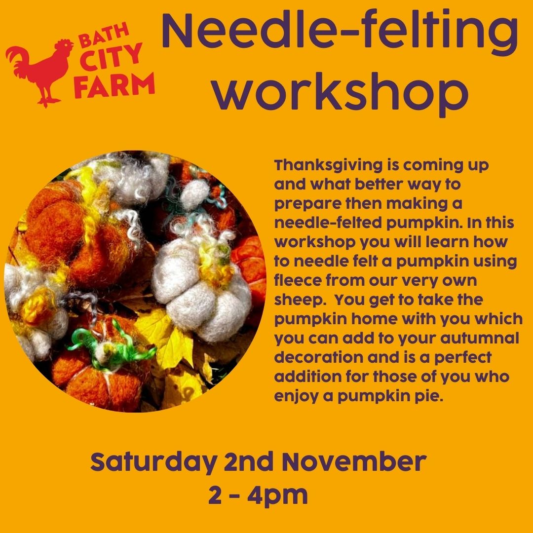 Needle-felting Pumpkin workshop 
Saturday 2nd November
2 - 4 pm
For tickets and more details please visit our website 
bathcityfarm.org.uk/events/needlef…

#bathcityfarm #needlefelt