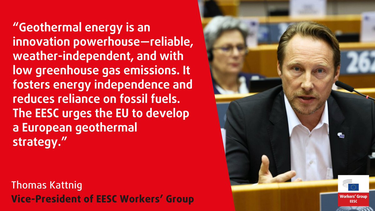The #EESCPlenary is voting on <a href="/EESC_TEN/">EESC Energy, Transport & Digital  🇪🇺</a> opinion on the potential of geothermal energy for the green transition by <a href="/ThomasKattnig/">Thomas Kattnig</a> and Zsolt Kükedi.

Read more: europa.eu/!W7fR8g
Watch live: europa.eu/!qQ64Yc