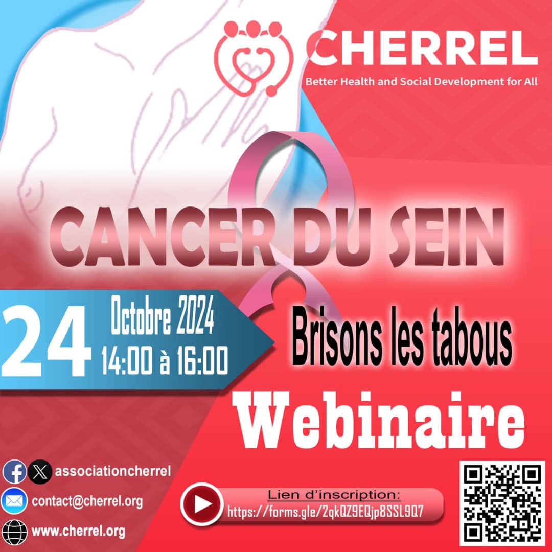Vous vous posez des questions sur le #cancer du sein, ne manquez pas ce webinaire d'éducation qu'organise l'association Cherrel demain jeudi 24 octobre 2024, à 14h précises.
Inscrivez-vous à ce webinaire via ce lien:forms.gle/2qkQZ9EQjp8SSL… 
#CHERRELvsBreastCancer