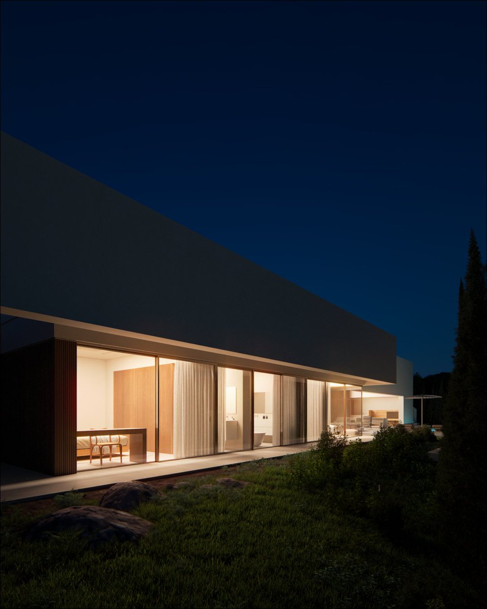 CASA VIBRA 

La planta baja se distribuye en una zona de acceso para comunicación horizontal y comunicación vertical, las estancias existentes son cocina, salón-comedor, vestíbulo, dormitorio con baño, y un dormitorio principal con baño y vestidor.

@rubenmuedra_arquitectura