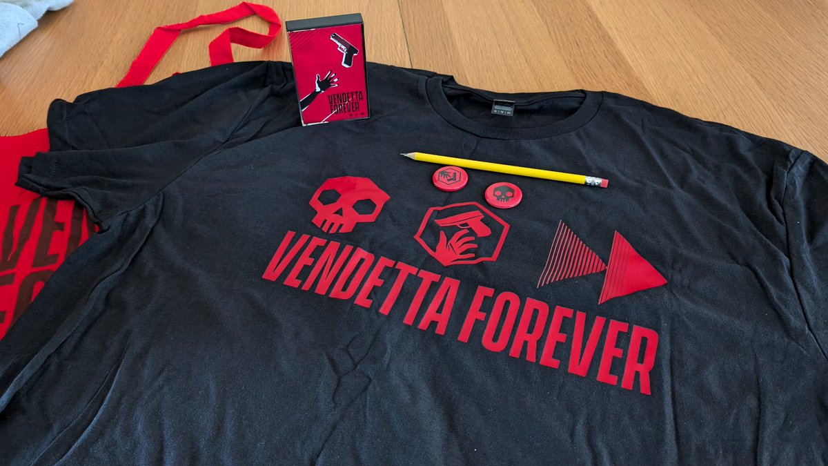 Nice little gift bag from <a href="/nDreams/">nDreams</a> for Vendetta Forever. Stuff I'd actually wear PLUS a freakin' cassette tape with the soundtrack! That's incredibly cool! #VR
