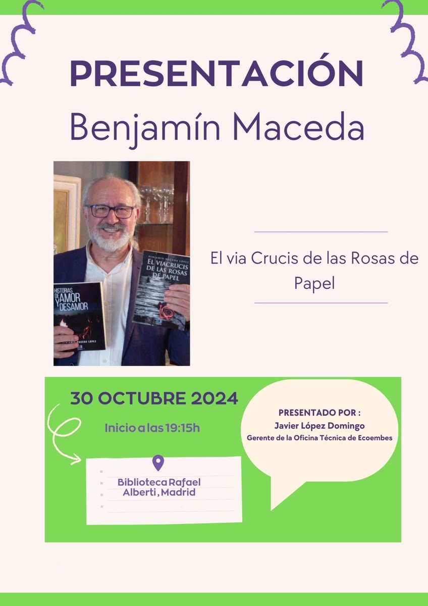 Hasta dónde nos ha llevado el viaje...
Es y será un honor para mí, presentar el libro EL VIACRUCIS DE LAS ROSAS DE PAPEL de Benjamín Maceda el próximo miércoles 30 de octubre el la biblioteca Rafael Alberti de Madrid (Sanjenjo 38)