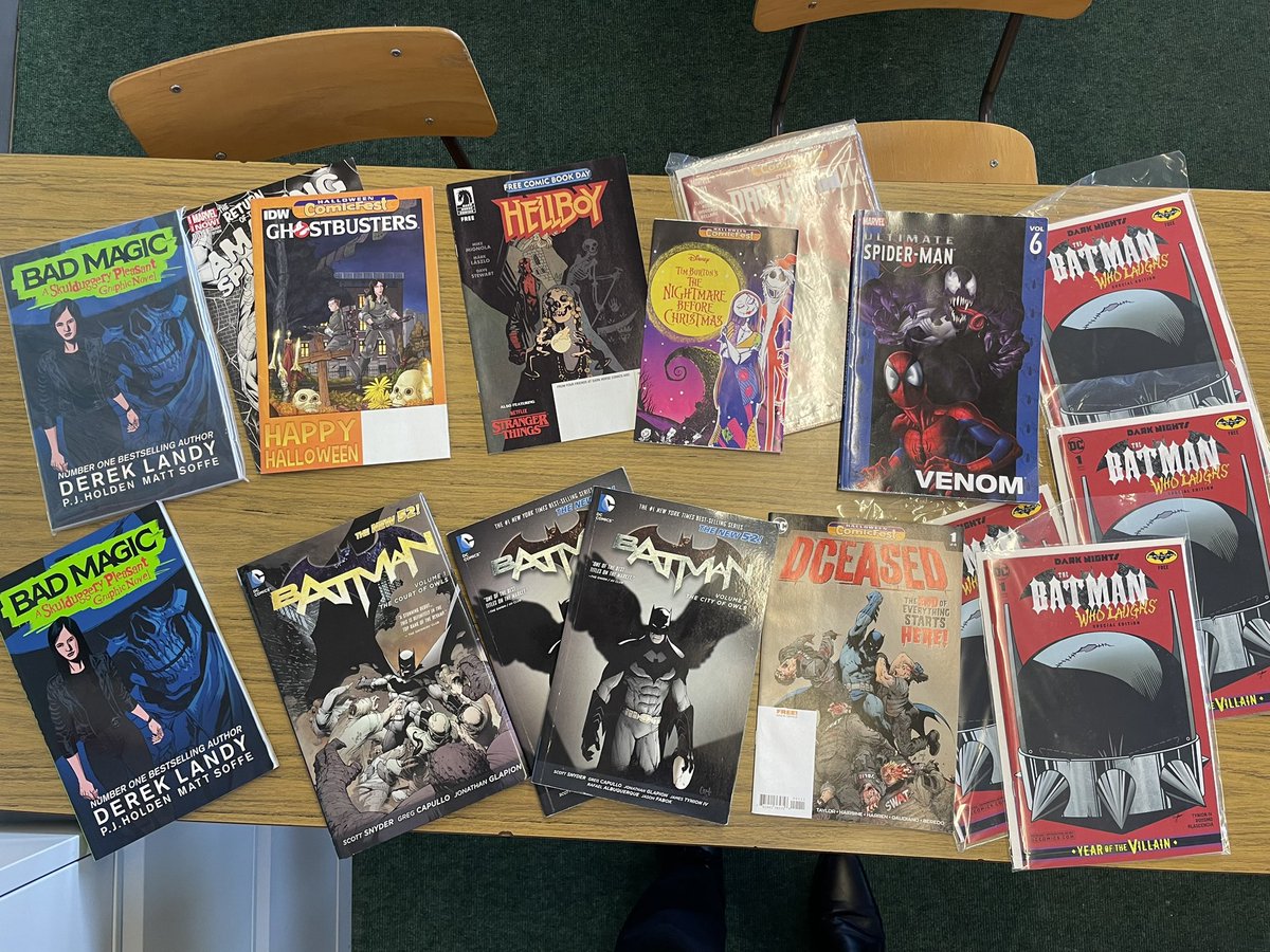 OLSComicClub's tweet photo. We’re enjoying #BookWeekNI at @OLSNewry, &amp; we’re getting into the Halloween spirit by sharing our favourite scary stories in our Comic Book Club from @Ssnyder1835 @GregCapullo @JamesTheFourth @TomTaylorMade @BRIANMBENDIS @DerekLandy @artofmmignola 😁❤️🎃😱 #comics #Newry https://t.co/SlrTDdN5Hi