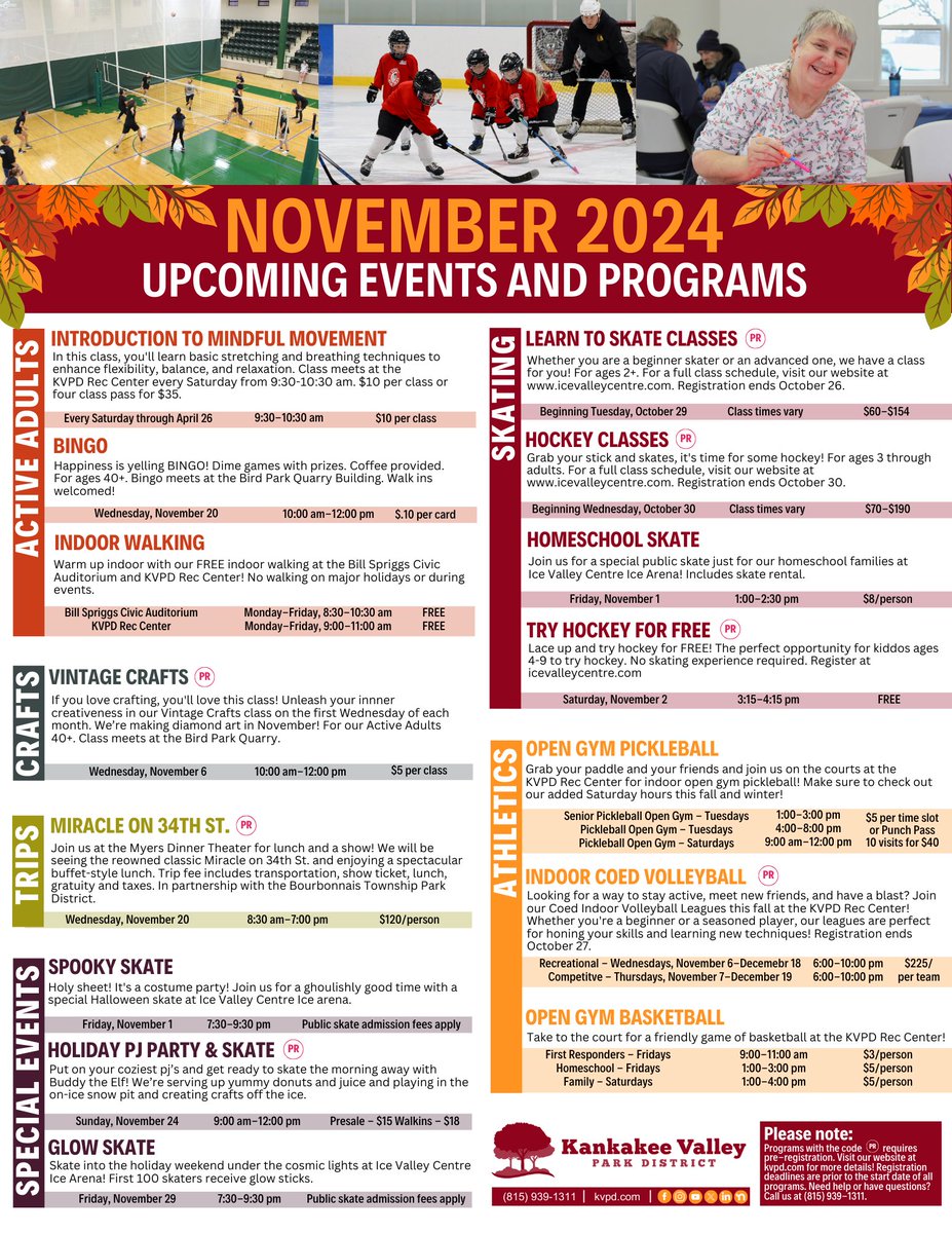 'Tis the season to be thankful for recreation! 🥰 Take a peek at our November calendar below and check out all that’s happenin’ in the District next month, including new skating classes, Active Adults programming, indoor volleyball league, special events and oh so much more!  👇