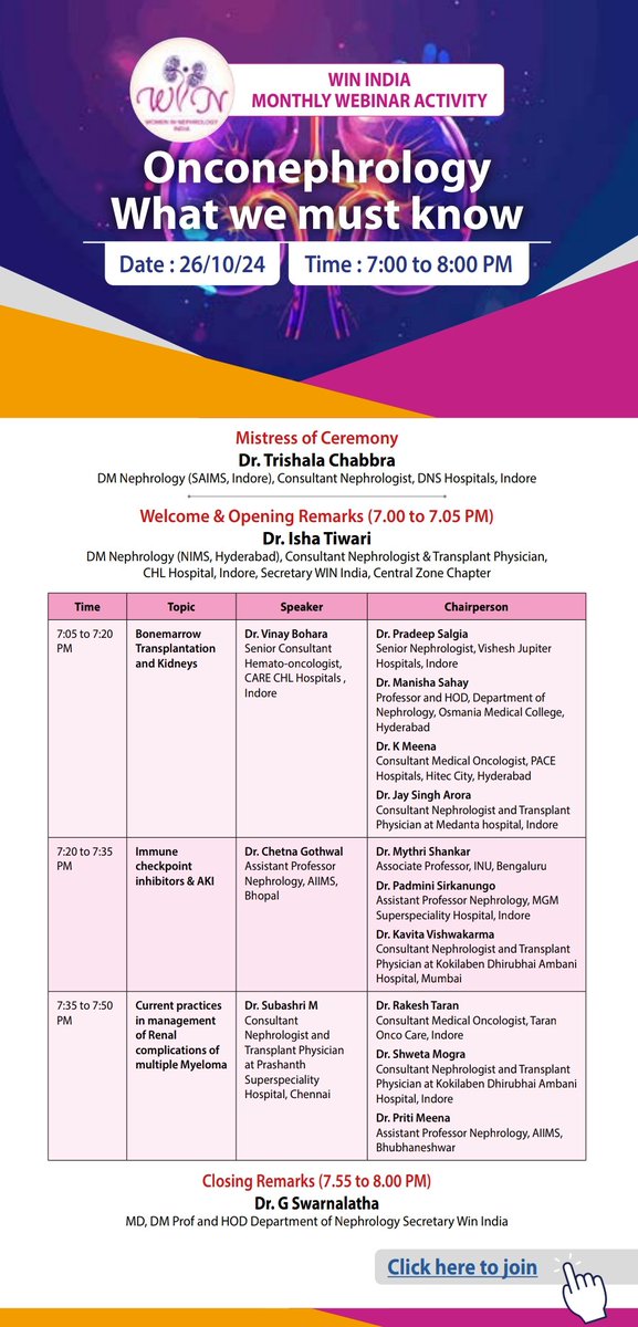 📢 Join us on 26th of October,7 pm for this illuminating webinar on one of the most interesting domain of nephrology - 'Onconephrology' 🎗️🫘 💻 
#WINIndia #webinar 
<a href="/WomenNeph_india/">Women in Nephrology-India</a>