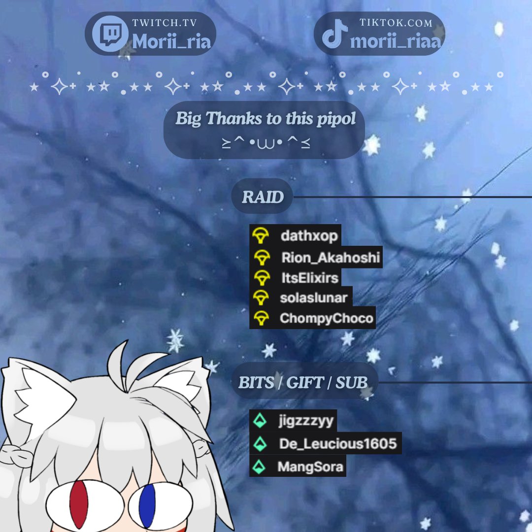 ✨STREAM RECAP✨
BIG THANKS TO THIS WONDERFUL PPL. It really made my subathon day happy ^^ 
Tank u for the raid and entrusting ur community to me⋆☾⋆
<a href="/ChompyChocoVT/">ChompyChoco | Indie VTuber</a>
<a href="/SolasToaster/">Solas</a>
/ItsElixirs
<a href="/AkahoshiRion/">Rion Vtuber💫</a>
<a href="/dathxop/">Dathxop</a>
Tank u for the Cheered Bits⋆☾⋆
@MangsoraG
/De_Leucious1605