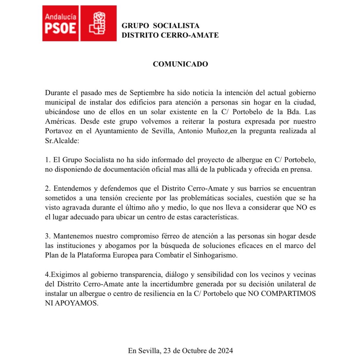 PsoeCerroAmate's tweet photo. 🔴⚠️COMUNICADO SOBRE EL ALBERGUE/CENTRO DE RESILIENCIA https://t.co/myRpqZMO48