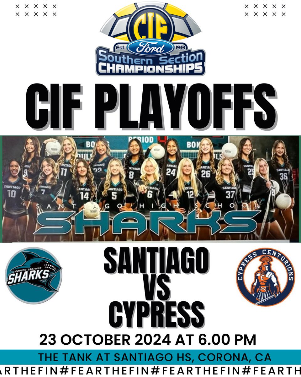 🚨CIF-SS First Round🚨
Santiago takes on Cypress HS at home today 10.23.24 at 6:00 PM. Come down to The Tank and support your Sharks!
#RNGSZN💍
#FearTheFin🦈