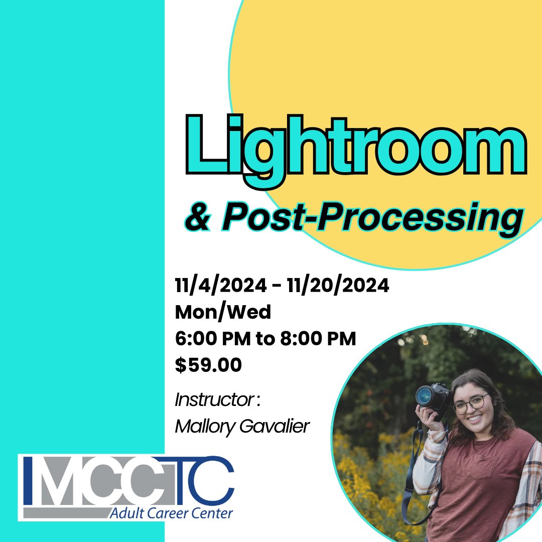 Space is limited, register today! mcctc.axstudent.com/#/category/B5/…
If you are an avid photographer and want to improve on your post-production, this course is perfect for you! 
#mcctcadultcareercenter #lightroom #photography #canfield #ohio #ohiotechnicalcenter