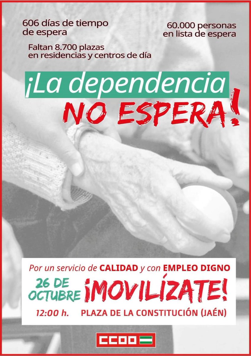 📢 ¡LA DEPENDENCIA NO ESPERA! 

📅 Por eso el 26 de octubre salimos a la calle para exigir soluciones a:

📃Las listas de espera ilegales
⏬La falta de personal
❌La precariedad laboral
💰Copago excesivo
❌La gestión deficiente
🏢La falta de recursos

‼️ MOVILÍZATE‼️