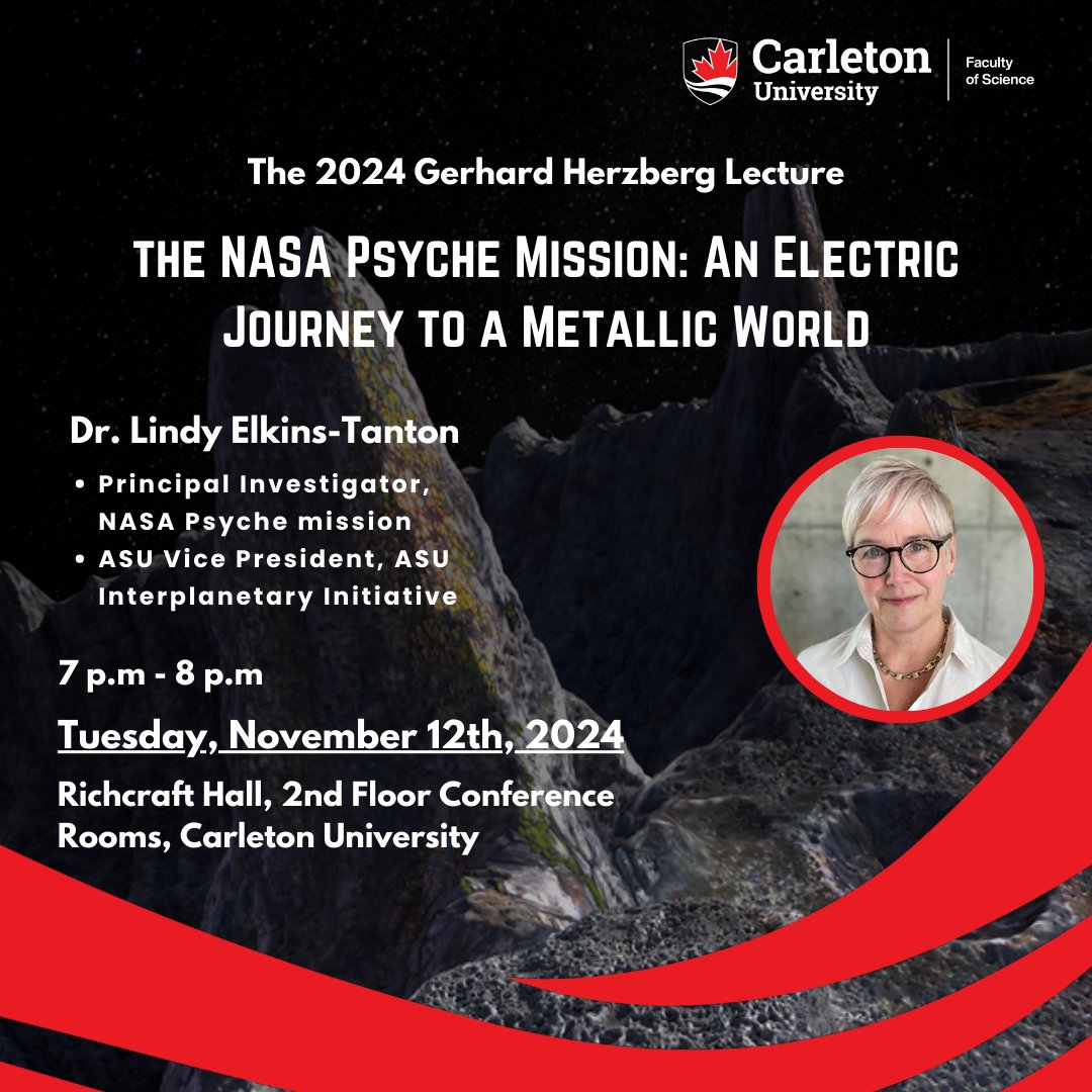 Carleton Science (@carletonscience) on Twitter photo 🚀2024 Herzberg Lecture with Dr. Lindy Elkins-Tanton, Principal Investigator of NASA’s Psyche Mission! Discover the metallic asteroid Psyche and what it can tell us about our solar system’s origins.
📅 Nov. 12
🕖 7 PM
📍 Richcraft Hall
🔗 Register: shorturl.at/LgNh8 🚀2024 Herzberg Lecture with Dr. Lindy Elkins-Tanton, Principal Investigator of NASA’s Psyche Mission! Discover the metallic asteroid Psyche and what it can tell us about our solar system’s origins.
📅 Nov. 12
🕖 7 PM
📍 Richcraft Hall
🔗 Register: shorturl.at/LgNh8
