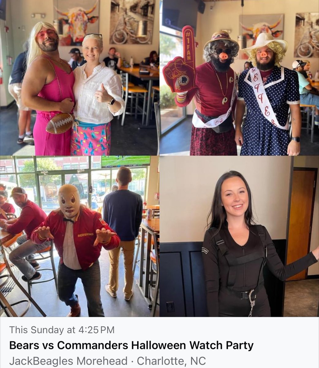 CommandersCLT's tweet photo. It’s Bears vs Commanders and also our annual Halloween party! Bring your costumes and cheer on the Commanders to get at least 6 more wins, starting Sunday. See you at JackBeagles Morehead. #RaiseHail #CommandersRally https://t.co/T5dJZSuwcJ