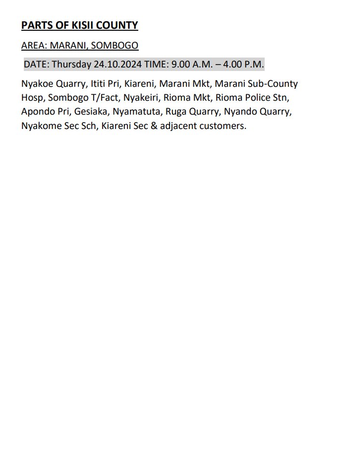 Good Evening. The listed areas will be under planned power maintenance tomorrow (24th October, 2024). We regret the inconvenience that may be caused during the operations. ^MA