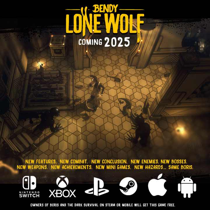 Bendy's tweet photo. BORIS THE WOLF is off on his own dark survival story in #BENDYLONEWOLF!

The game is complete, full of new features, and awaiting porting to many, MANY platforms! #BENDY https://t.co/cqaAGfMY1y